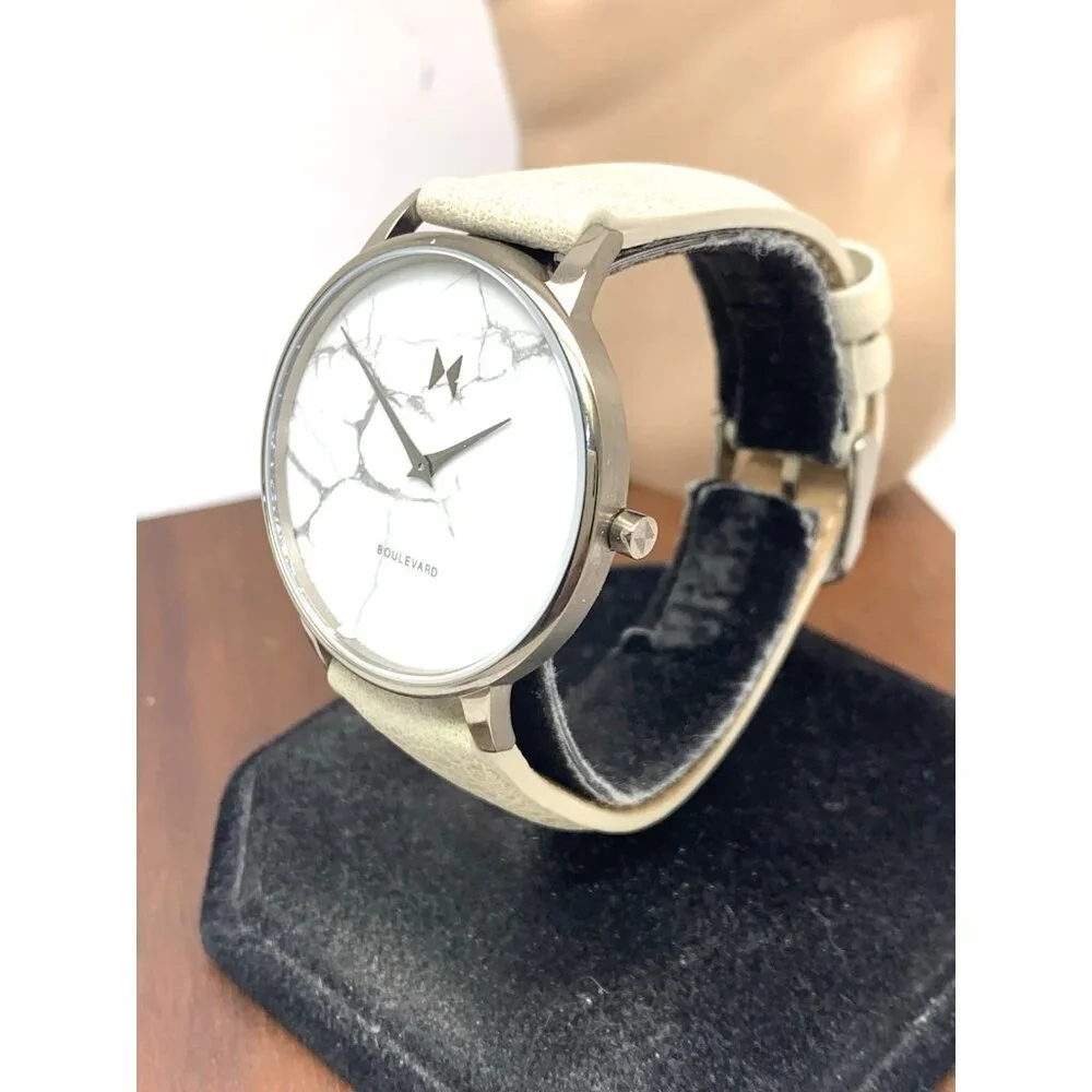 MVMT Women's Watch QMB01-Tima Quartz White Gray Marble Dial Leather Band 38mm